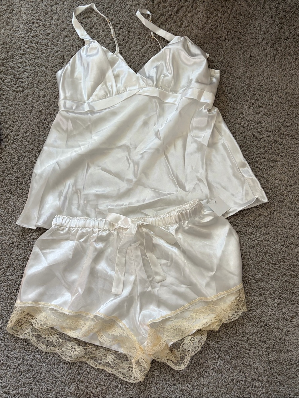 Flora Nikrooz White Satin Cami & Lace-Trim Shorts Sleep Set